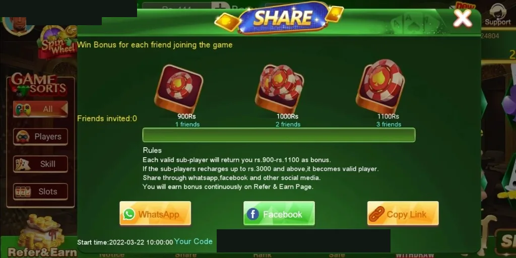 The 3 Patti Crown share screen showing referral reward tiers, the qualifying rules, and the share options