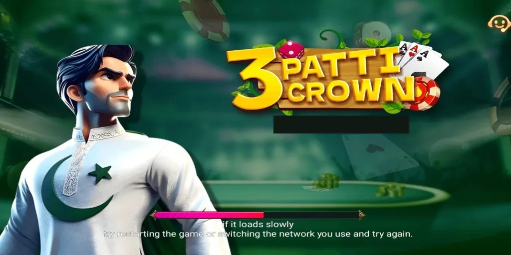 The 3 Patti Crown loading screen with the app logo, a progress bar, and on-screen advice to restart or switch network if loading is slow