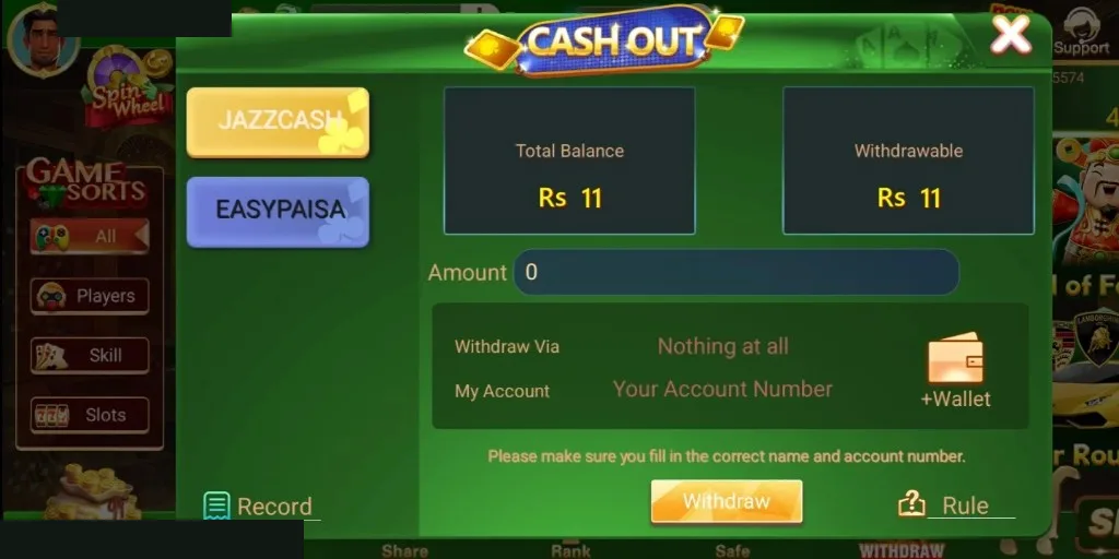 The 3 Patti Crown cash-out screen with JazzCash and EasyPaisa options and separate Total Balance and Withdrawable figures